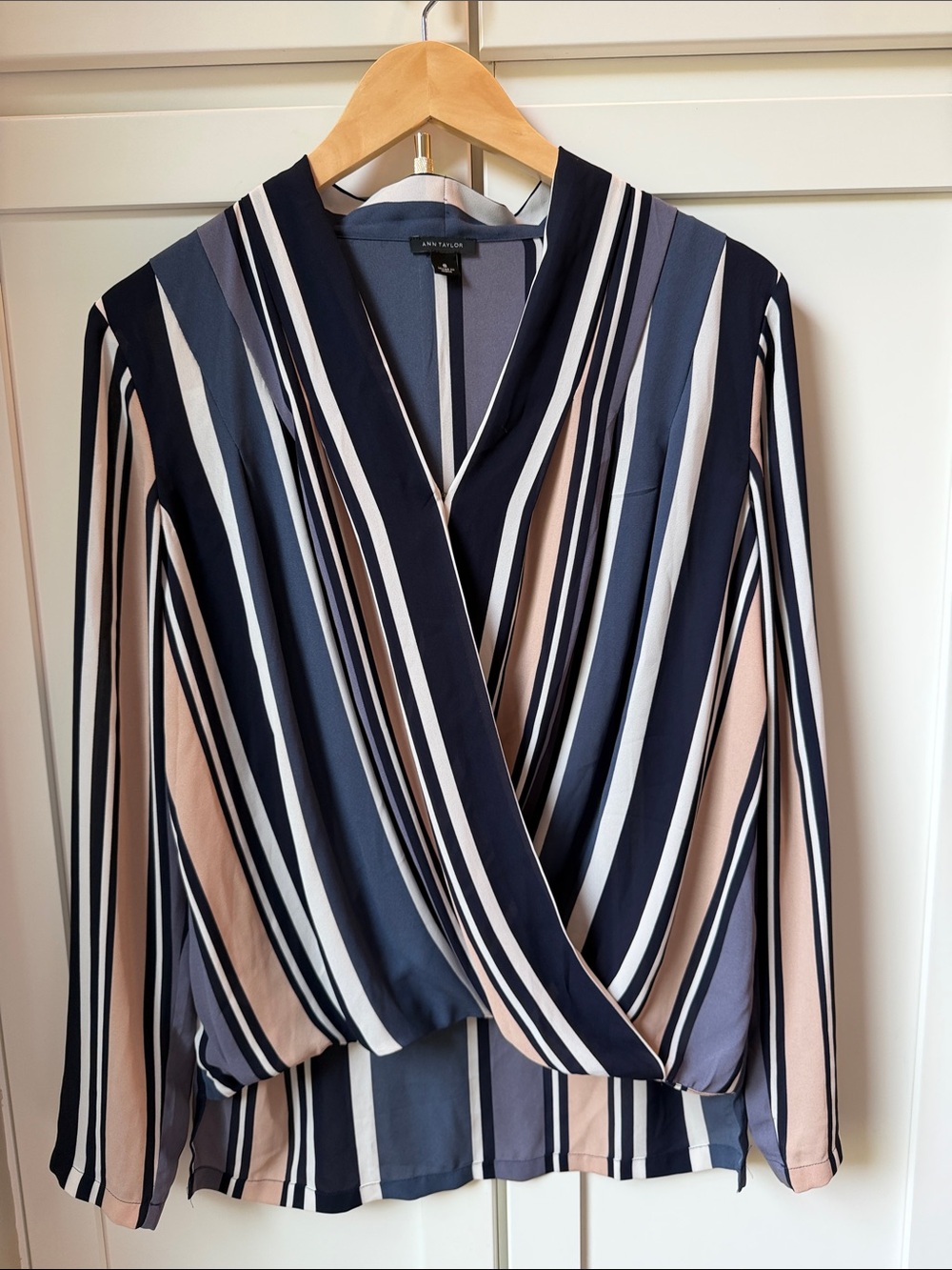 Ann Taylor Navy & Tan & Ivory Striped Wrap Blouse